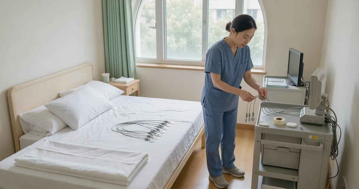 A technician arranges sleep-recording sensor leads beside an unoccupied bed in a bright room.