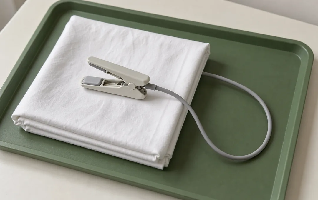 A reusable finger sensor with a slender cable resting on a white folded sheet.