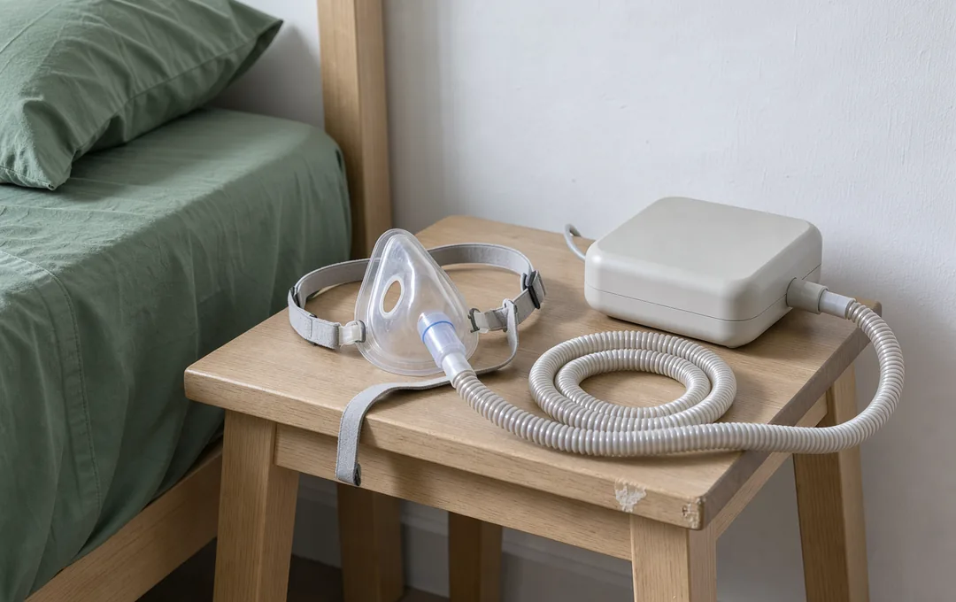 A plain breathing mask and coiled hose beside an unmarked bedside air unit.
